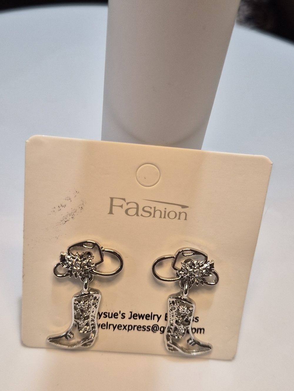 Silver Western Boot Dangle Earrings with Sparkling Flower Accent Western